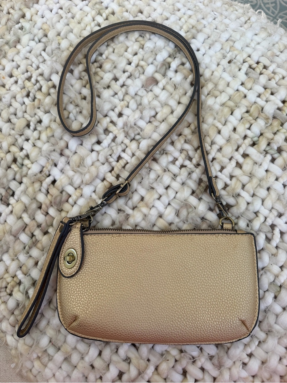 Joy Susan Gold Leather Crossbody and Wristlet Bag.